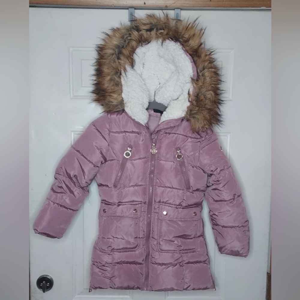 DKNY Mauve Puffer Quilted Jacket With Removable Faux Fur Hood Girls Size Sp 7/8